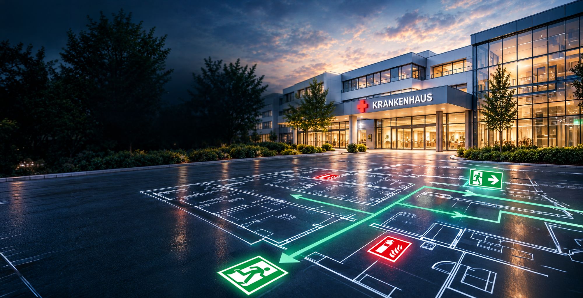 Krankenhaus bei Abenddämmerung mit leuchtenden Fluchtwegzeichen auf dem Vorplatz